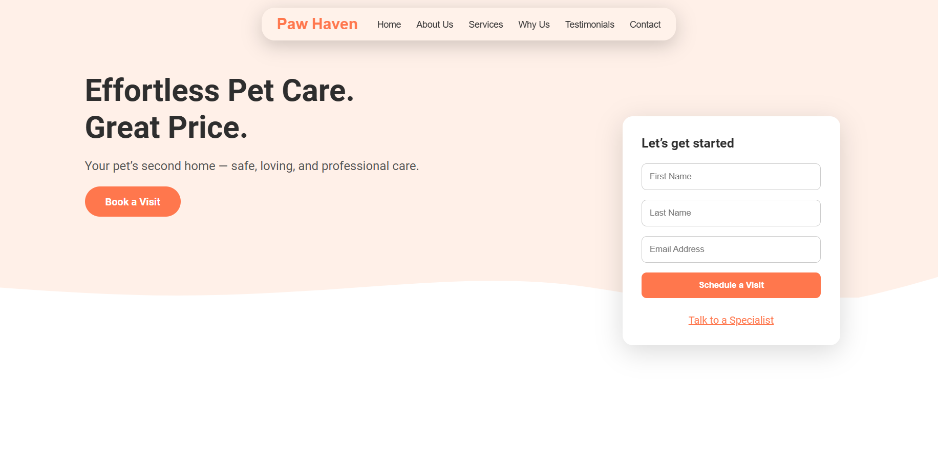 Screenshot of the Paw-Heaven pet care site